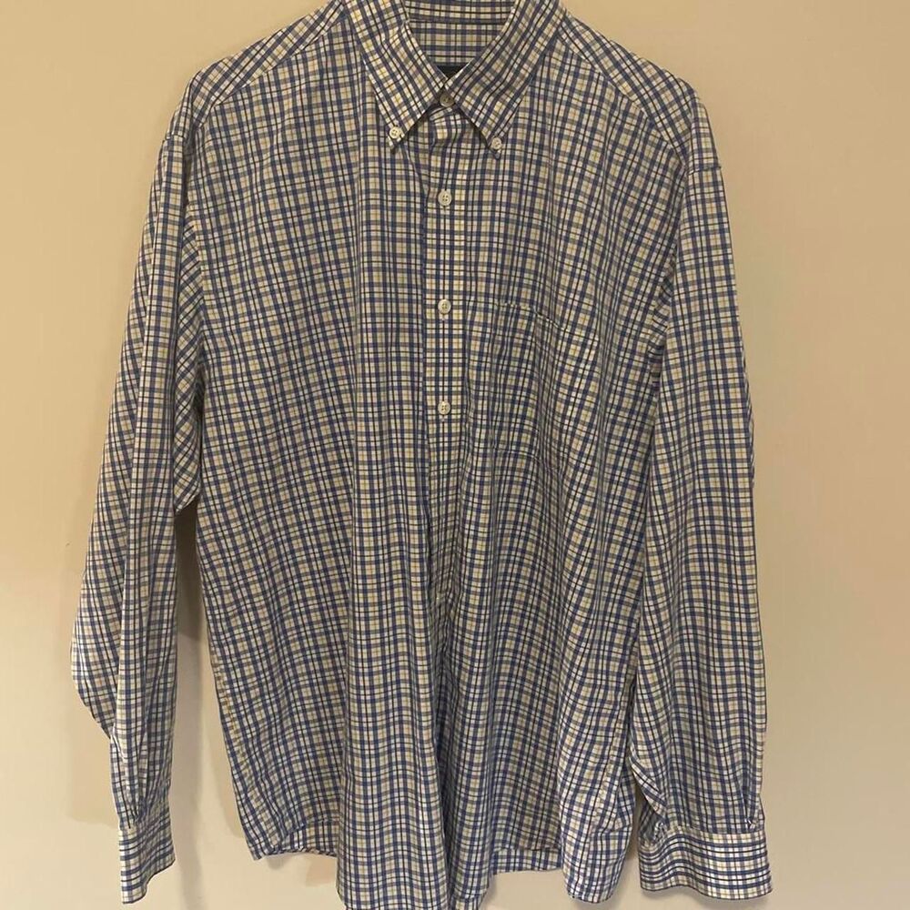 Brooks Brothers blue and yellow plaid cotton button-up